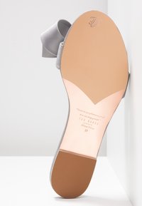 Chaussure plate en daim gris avec détail nœud, montrant une semelle beige lisse avec la marque Ted Baker London et la taille 37.