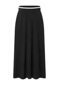 Jupe noire en tissu doux, dotée d'une large ceinture élastique avec une bande blanche. Coupe en ligne A avec une finition lisse.