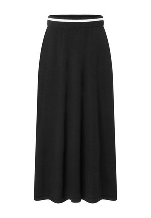 Black skirt made from a soft fabric, featuring a wide elastic waistband with a white stripe. A-line shape with a smooth finish.