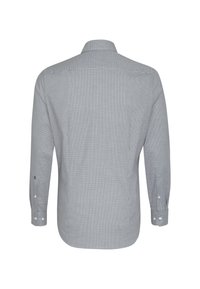 Herreskjorte med lange ærmer, lille gråt ternet mønster, manchet med knapper og klassisk krave, vist bagfra.