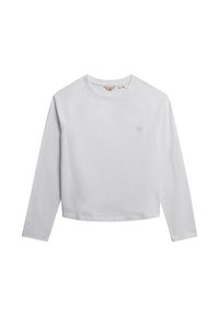Witte langemouwen shirt met een ronde hals, gemaakt van zacht katoen. Het heeft raglanmouwen en subtiele branding op de linker voorkant.
