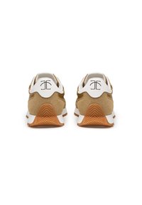 Brown suede sneakers with white accents, featuring a textured rubber sole and a logo on the heel. Rear view shows distinct stitching detail.