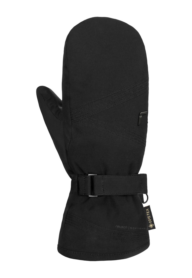 Schwarze wasserdichte Handschuhe aus Softshell-Material, mit einem gebogenen Design, verstellbarem Handgelenkriemen und geprägtem Logo-Detail.