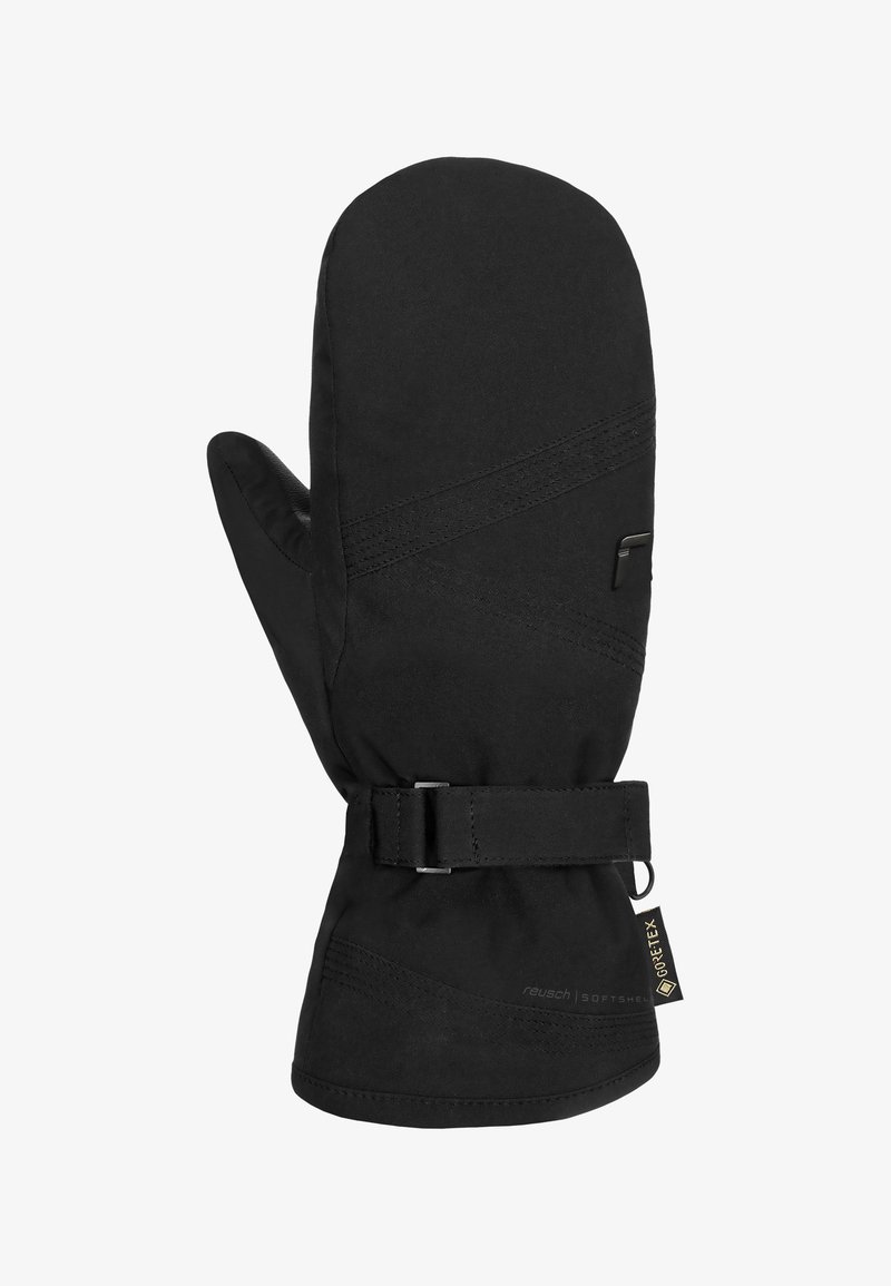 Schwarze wasserdichte Handschuhe aus Softshell-Material, mit einem gebogenen Design, verstellbarem Handgelenkriemen und geprägtem Logo-Detail.