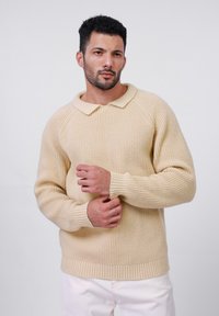 Beige stickad tröja med krage, med ribbade fållar och en strukturerad tyg. Designen inkluderar en avslappnad passform och långa ärmar.