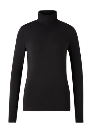 Schwarzes langärmliges Rollkragenshirt mit einer taillierten Silhouette und schlichtem Design, präsentiert vor einem weißen Hintergrund.