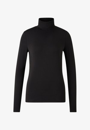 Sort langærmet turtleneck trøje med en tætsiddende silhuet og enkelt design, vist mod en hvid baggrund.