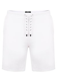 Pantalones cortos blancos hechos de una suave mezcla de algodón, que presentan una cinturilla con cordón ajustable con extremos negros y un diseño simple y limpio.