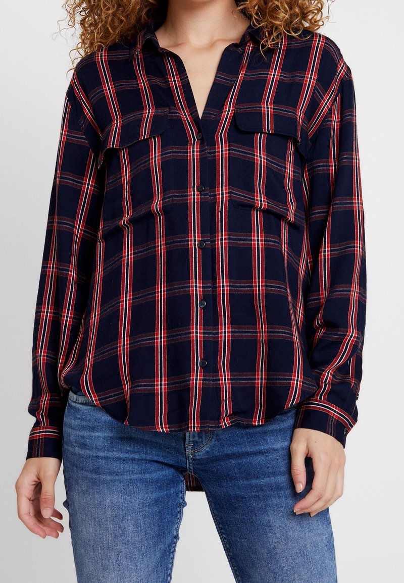 Navy blue plaid button-up shirt featuring red and white stripes, two chest pockets, and long sleeves, made of a soft fabric.