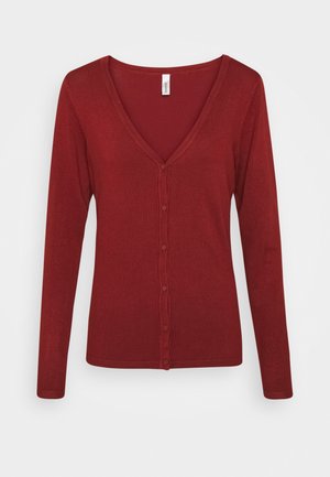 Cardigan à manches longues avec boutons, de couleur rouge foncé, col en V, présenté sur un fond blanc.