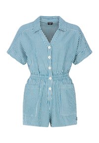 Randig kort jumpsuit i blått och vitt, med krage, korta ärmar, knappstängning fram och elastisk midja med fickor.