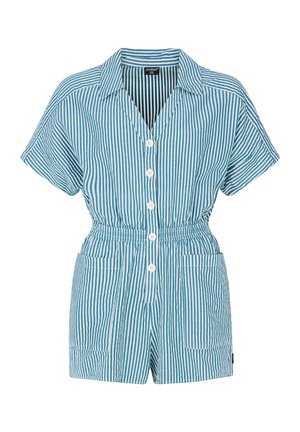 Gestreifter kurzer Jumpsuit in Blau und Weiß, mit kragenloser Halslinie, kurzen Ärmeln, durchgehender Knopfleiste und elastischem Bund mit Taschen.