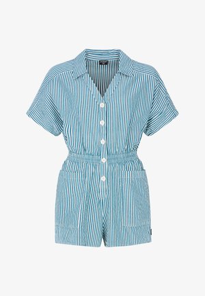 Gestreifter kurzer Jumpsuit in Blau und Weiß, mit kragenloser Halslinie, kurzen Ärmeln, durchgehender Knopfleiste und elastischem Bund mit Taschen.