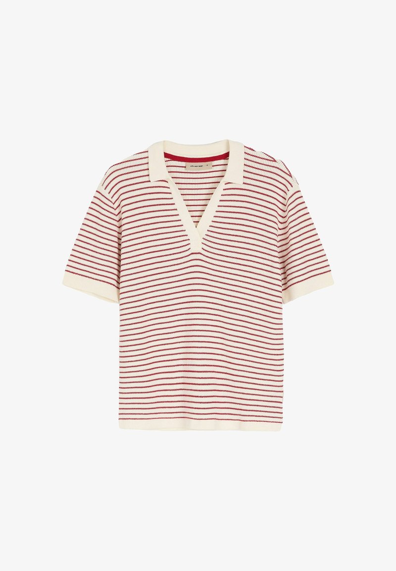 Krótki rękaw sweter w kolorze kremowym w czerwone paski, z dekoltem w kształcie V i prążkowaną teksturą. Prosty design bez dodatkowych akcentów.