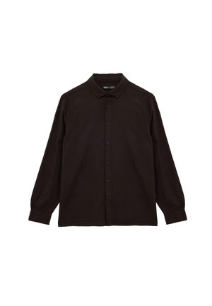 Sort langærmet skjorte med krave med knapper. Fremstillet af et struktureret stof med en forstykke med knapper og tapered ærmer.
