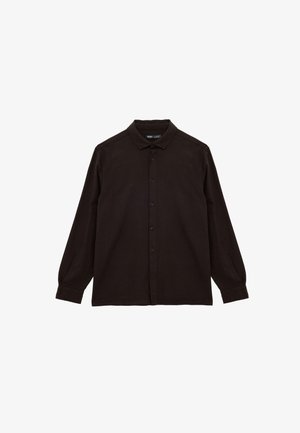 Schwarzes Langarmhemd mit Button-Down-Kragen. Aus einem strukturierten Stoff gefertigt, mit einer Knopfleiste auf der Vorderseite und taillierten Ärmeln.