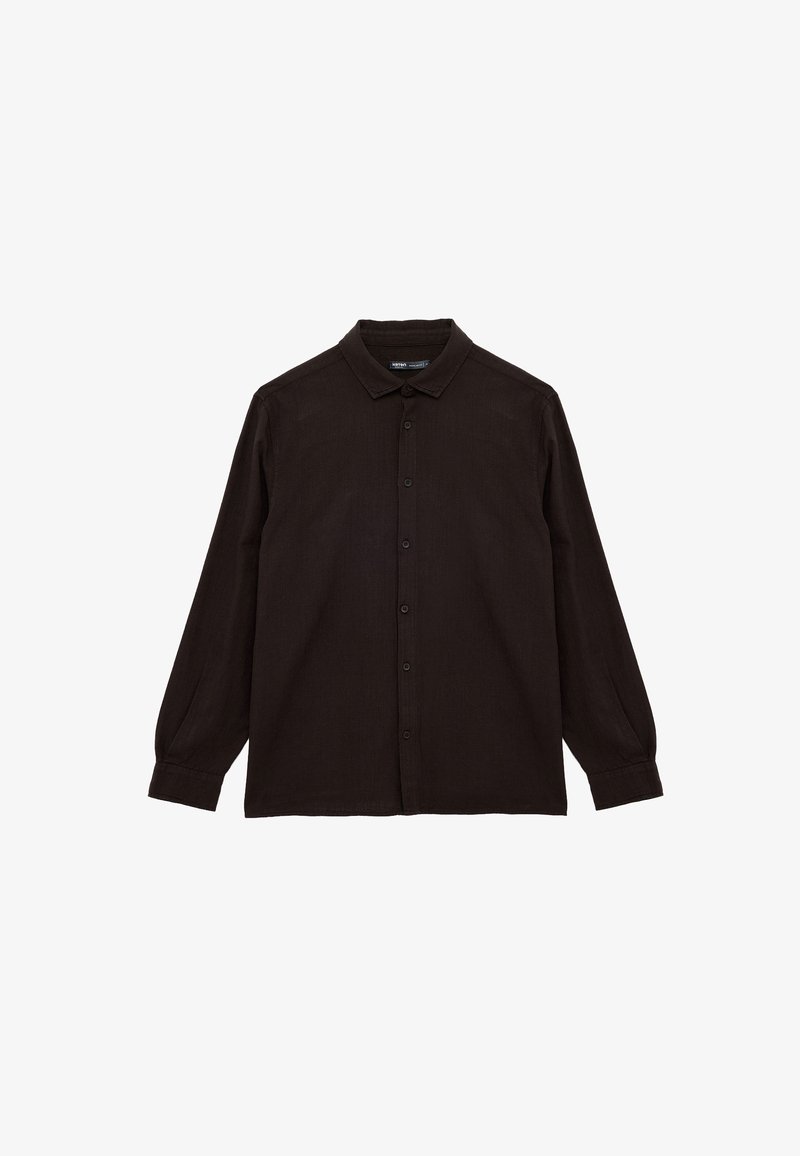 Schwarzes Langarmhemd mit Button-Down-Kragen. Aus einem strukturierten Stoff gefertigt, mit einer Knopfleiste auf der Vorderseite und taillierten Ärmeln.