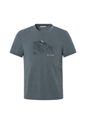 T-shirt gris pour homme en tissu doux, affichant un graphique en dessin linéaire à l'avant et un petit logo en bas à droite. Manches courtes.