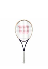 Wilson tennis racket with a white and red string pattern, navy blue frame, and textured white grip for handling. Features a prominent logo.