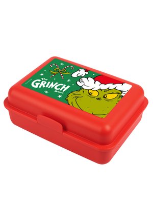 Lunch box rettangolare rosso con il Grinch che indossa un cappello di Babbo Natale, due bastoncini di zucchero legati con un fiocco e fiocchi di neve bianchi su uno sfondo verde.