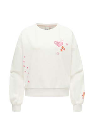 Felpa bianca a maniche lunghe con cuori e fiori rosa, un cuore rosa con la scritta "WITH LOVE" e piccole illustrazioni su davanti e maniche.