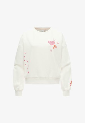 Felpa bianca a maniche lunghe con cuori e fiori rosa, un cuore rosa con la scritta "WITH LOVE" e piccole illustrazioni su davanti e maniche.