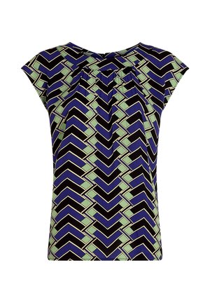 Korte mouw top met een geometrisch patroon in groen, zwart en blauw. Gemaakt van lichtgewicht stof; geplooide details bij de halslijn.