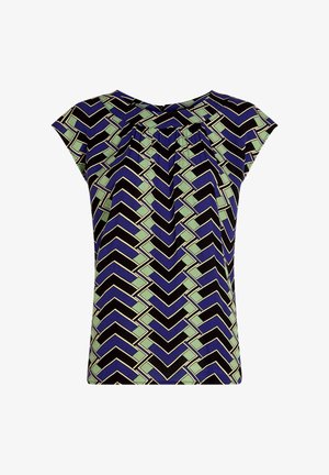 T-shirt à manches courtes avec un motif géométrique en vert, noir et bleu. Fabriqué en tissu léger ; détail plissé au niveau de l'encolure.