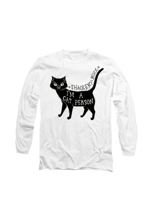 Long-sleeve white shirt featuring a black cat graphic with the text "I'M A CAT PERSON" and "THACKERY BINX" in a bold font.