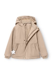 Veste à capuche beige avec une texture lisse, fermeture éclair à l'avant, bouton-pression et taille élastiquée. Présente une étiquette en forme d'étoile sur le côté gauche.