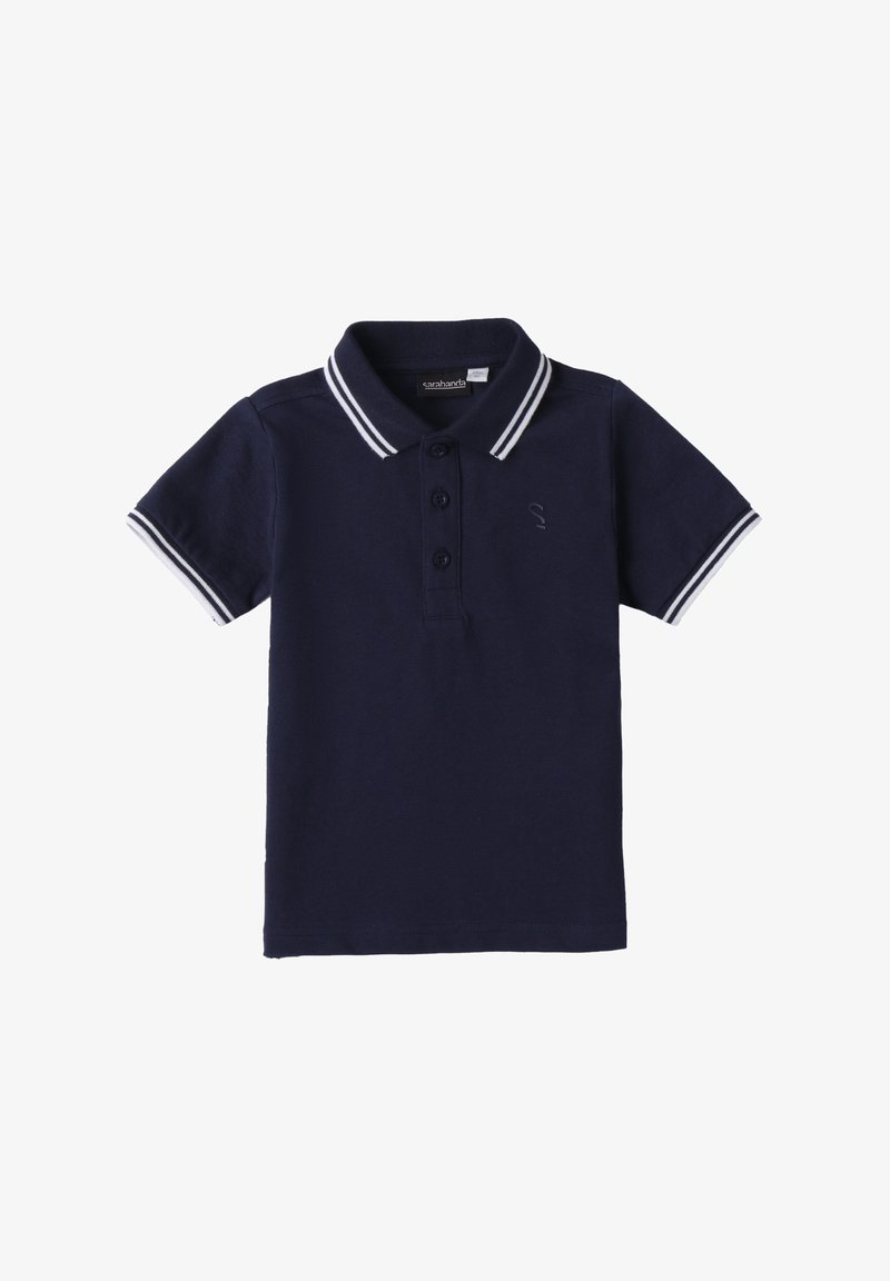 Granatowa koszulka polo wykonana z bawełny, z trzema guzikami, krótkimi rękawami oraz białymi paskami na kołnierzyku i rękawach.