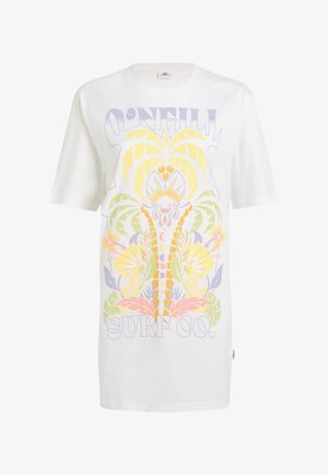 Vit bomulls t-shirt med en färgglad grafisk design av blommor och löv i pastelltoner, med texten "SURF CO." längst ner.