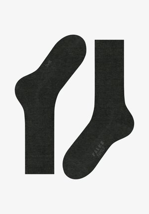 Calze grigio scuro con una texture liscia, tallone e punta rinforzati, e un discreto logo. Strutturate per comfort e durata.