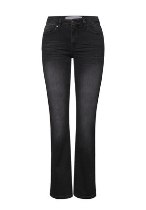 Czarne dżinsy z denimu typu flare o średnim stanie, z pięcioma kieszeniami, subtelnymi detalami przeszyć oraz gładkim, lekko fakturowanym wykończeniem.