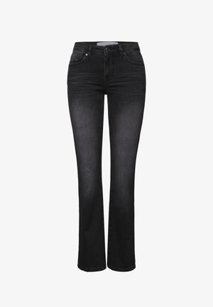 Schwarze Jeans aus Denim mit ausgestelltem Bein, mittlerer Taillenhöhe, fünf Taschen, dezenten Ziernähten und einem glatten, leicht strukturierten Finish.