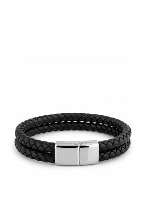 Brățară neagră din piele împletită cu două șnururi, cu închizătoare magnetică argintie lustruită, afișată pe fundal alb.