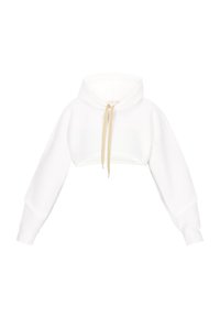 Witte cropped hoodie met lange mouwen en een trekkoord in de capuchon. Bevat een subtiele textuur en gouden accenten op de trekkoorden.