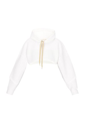 Witte cropped hoodie met lange mouwen en een trekkoord in de capuchon. Bevat een subtiele textuur en gouden accenten op de trekkoorden.