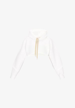 Hanorac scurt alb cu mâneci lungi și glugă cu șnur. Prezintă o textură subtilă și accente aurii pe șnururi.