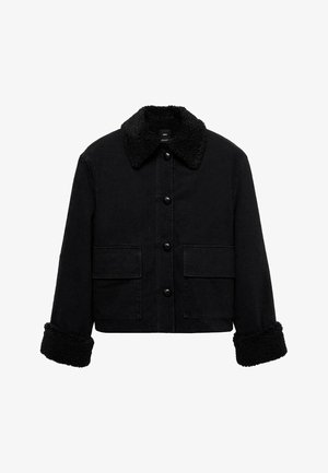 Black cropped jacket featuring a soft, textured collar and cuffs, two front pockets, and front button closures. Made of durable fabric.