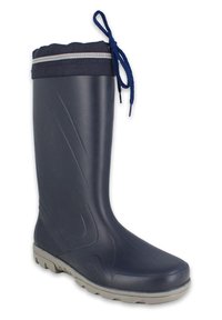 Zwarte rubberen regenlaars met een textuur, ronde neus en een grijze zool. Het heeft een marineblauwe trekkoordkraag met een reflecterende streep.