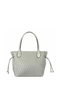 Sac à main texturé ondulé gris avec deux poignées solides et des fermetures à cordon sur les côtés, fabriqué en cuir lisse, présentant une forme structurée.