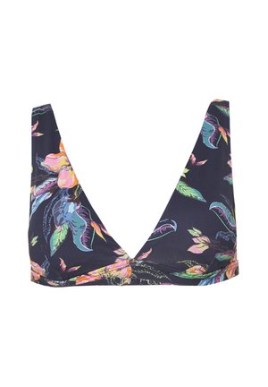 Bikini-Oberteil mit Blumenmuster und tiefem V-Ausschnitt, auf dunklem Marine-Hintergrund mit lebhaften Farben in den Blumenakzenten.