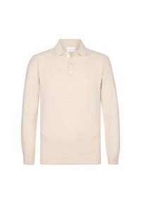 Beige Langarm-Polo-Pullover aus weichem Strickstoff. Mit klassischem Kragen, Drei-Knopf-Leiste und gerippten Bündchen und Saum.