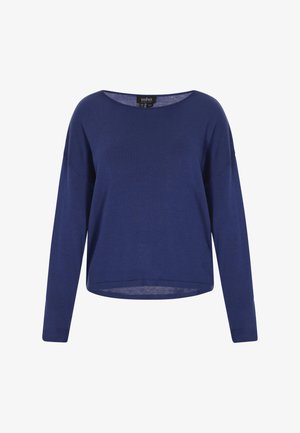 Dunkelblauer Pullover mit langen Ärmeln, weiter Ausschnitt, gerippten Bündchen und lässiger Passform. Hergestellt aus weichem Stoff mit glatter Textur.