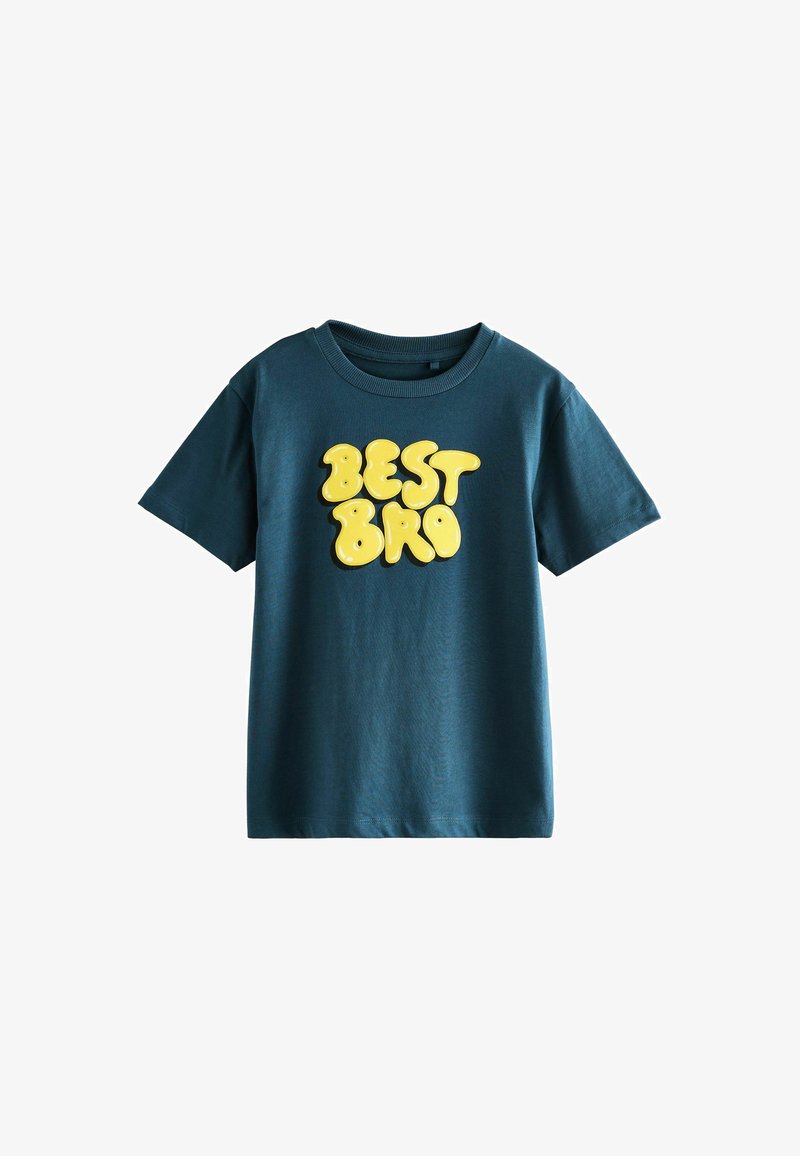 Tyrkysové bavlněné tričko s krátkými rukávy, kulatým výstřihem a velkým žlutým potiskem "BEST BRO" v bublinech.