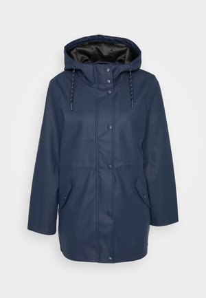 Navy blue hooded rain jacket with snap buttons, adjustable drawstrings, and two front flap pockets.