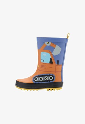 Gummiregenstiefel mit orangefarbigem Baggerdesign, blauen Akzenten, schwarzem Sohlen und gelbem Profil; glatte Oberfläche mit einer Schlaufe für einfaches Anziehen.