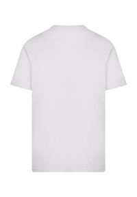 White cotton t-shirt with a classic crew neck, short sleeves, and a straight hem. No graphics or patterns. Simple and unadorned design.