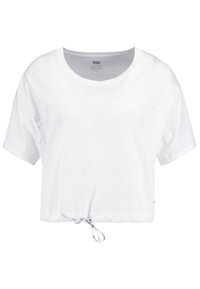 Camiseta blanca corta de algodón. Presenta un escote amplio, mangas cortas y un detalle de cordón ajustable en el dobladillo.